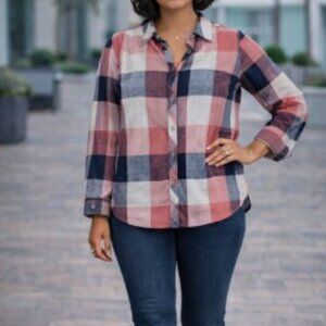 Pulse Pink Navy Cream Multicolor Plaid Button Up Collared Shirt Large